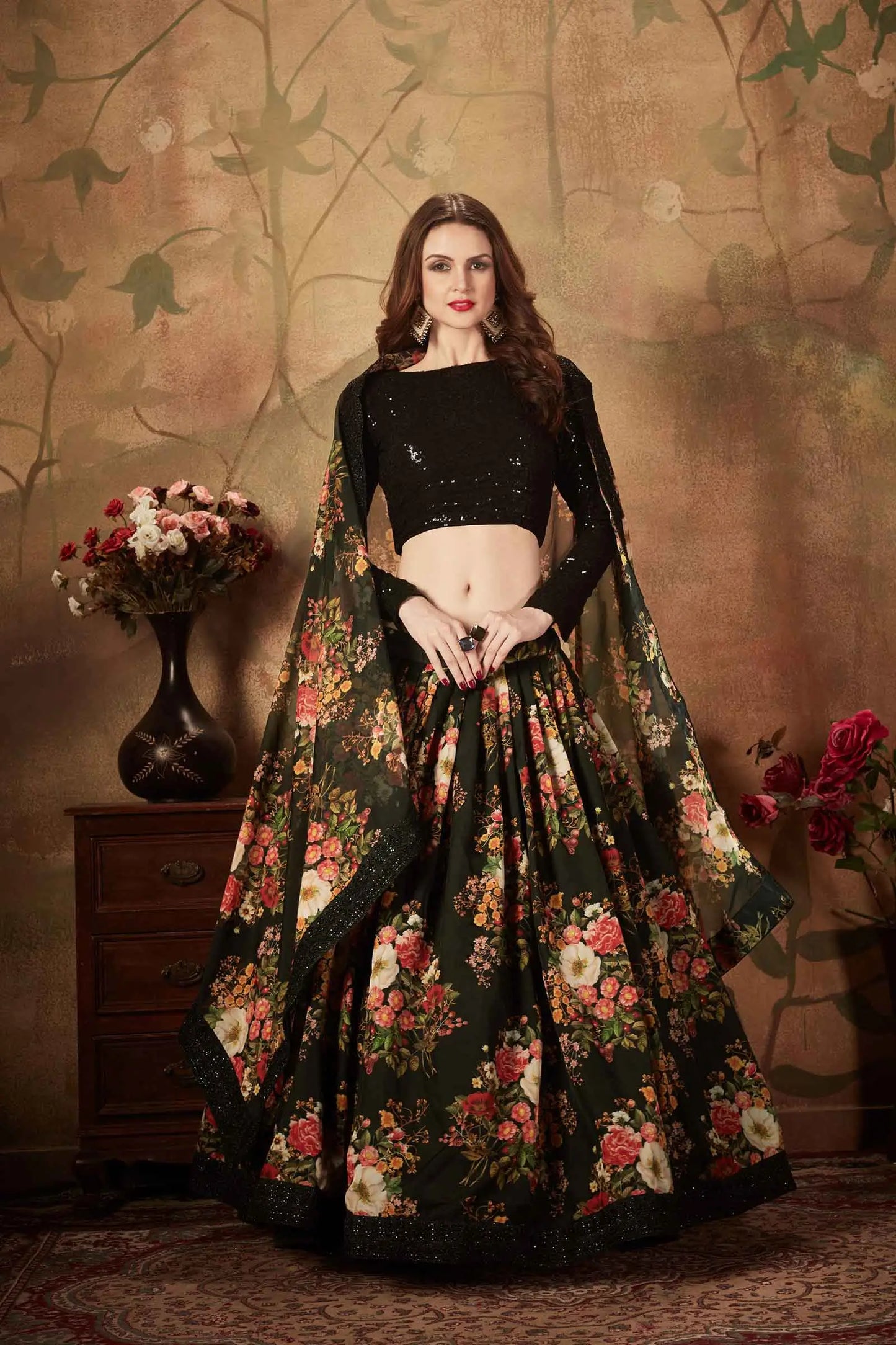 Black Organza Lehenga With Multi Color Floral Print  With Sequins Work