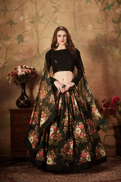Black Organza Lehenga With Multi Color Floral Print  With Sequins Work