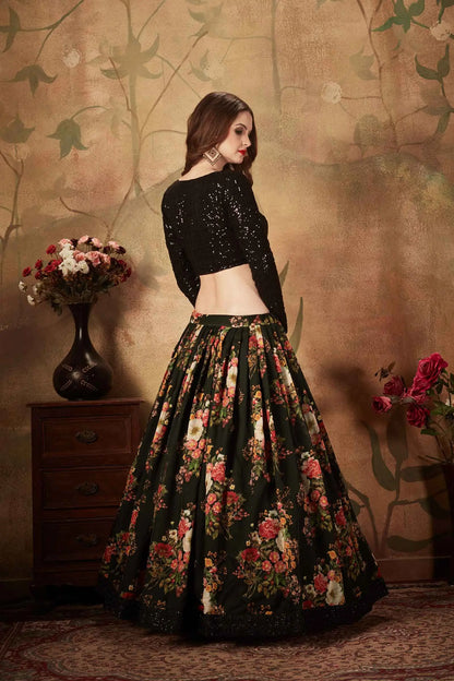 Black Organza Lehenga With Multi Color Floral Print  With Sequins Work