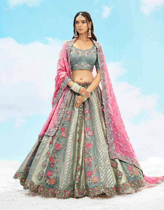 Bluish Grey Designer Floral Embroidery Work Bridal Lehenga