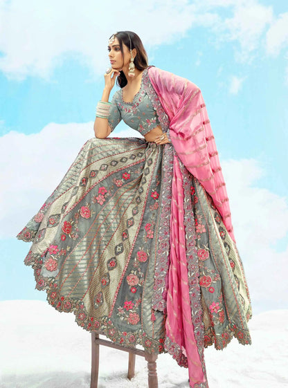 Bluish Grey Designer Floral Embroidery Work Bridal Lehenga