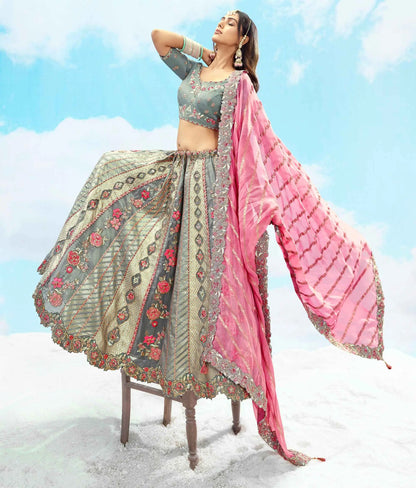 Bluish Grey Designer Floral Embroidery Work Bridal Lehenga
