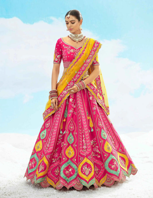 Rani pink Heavy Patch & Embroidery Work Lehenga For Bride