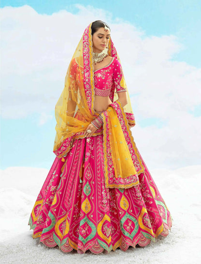 Rani pink Heavy Patch & Embroidery Work Lehenga For Bride