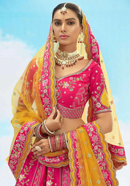 Rani pink Heavy Patch & Embroidery Work Lehenga For Bride