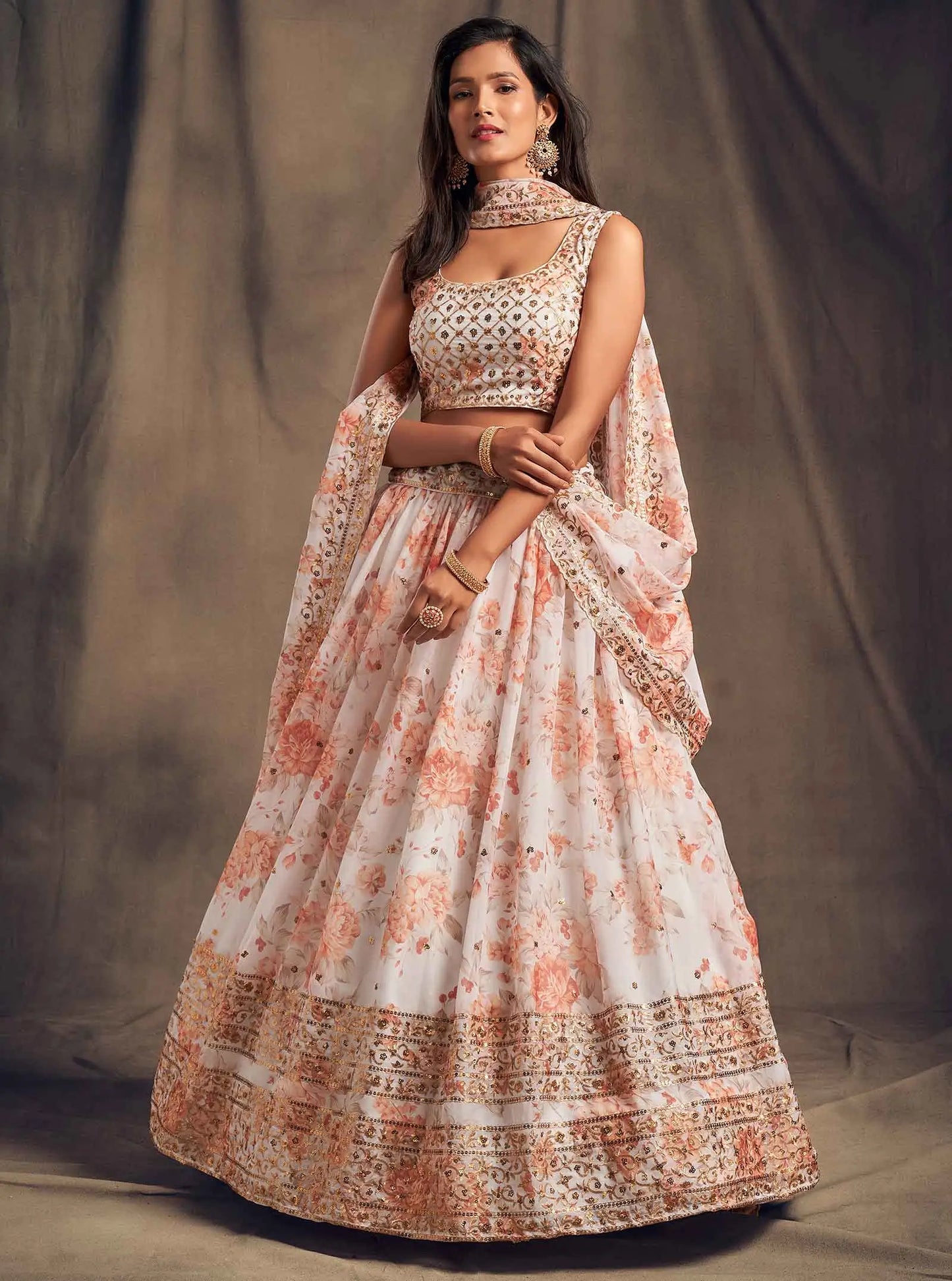 White Floral Print Organza Lehenga With Sequins Work