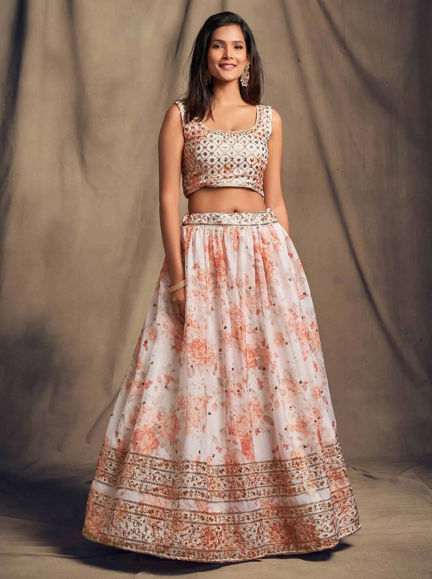 White Floral Print Organza Lehenga With Sequins Work