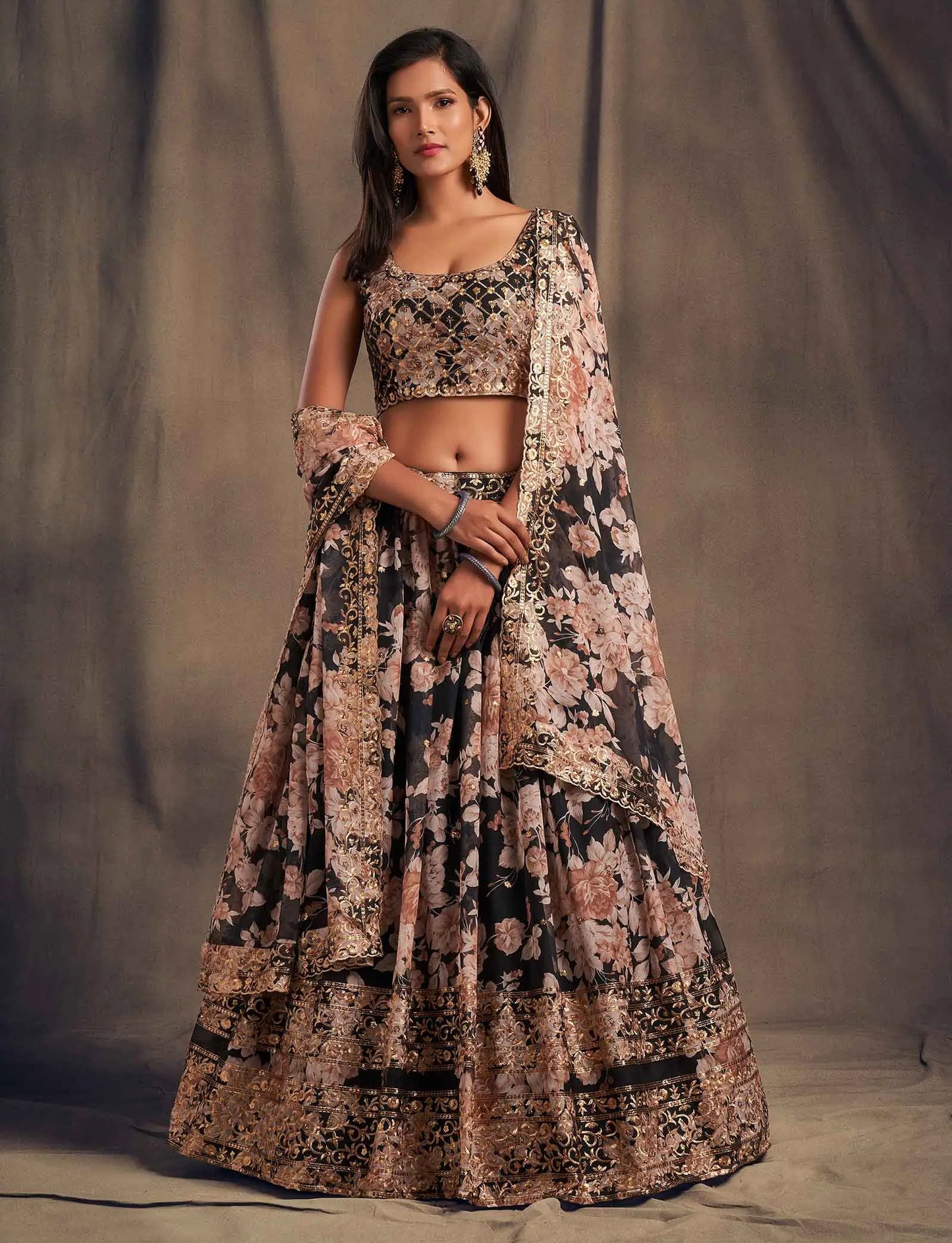 Black Floral Print Organza Lehenga With Sequins Work