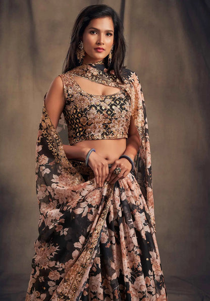 Black Floral Print Organza Lehenga With Sequins Work
