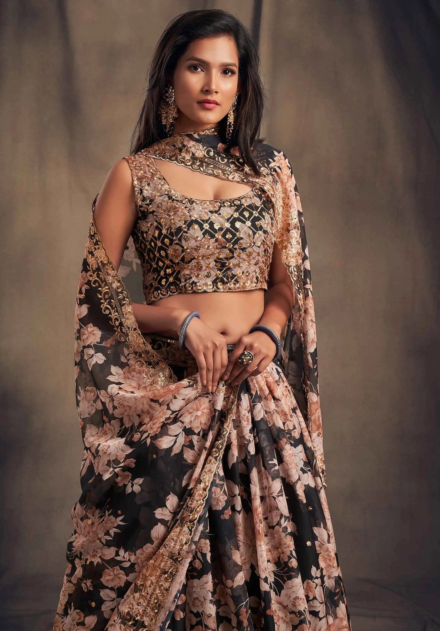 Black Floral Print Organza Lehenga With Sequins Work