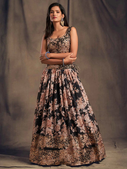 Black Floral Print Organza Lehenga With Sequins Work