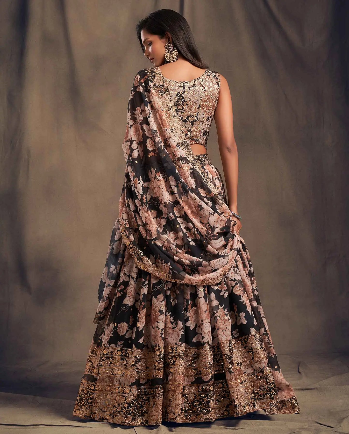 Black Floral Print Organza Lehenga With Sequins Work