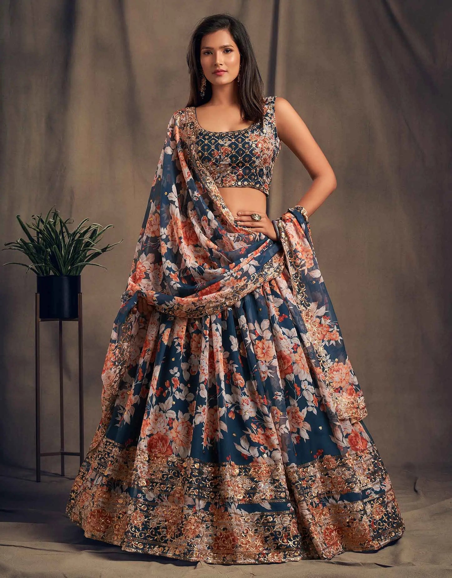 Teal Blue Floral Print Organza Lehenga With Sequins Work