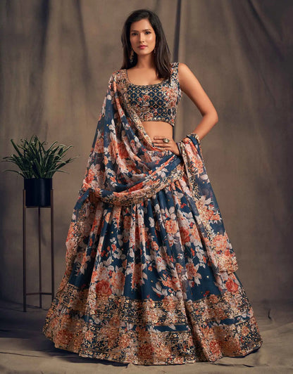 Teal Blue Floral Print Organza Lehenga With Sequins Work