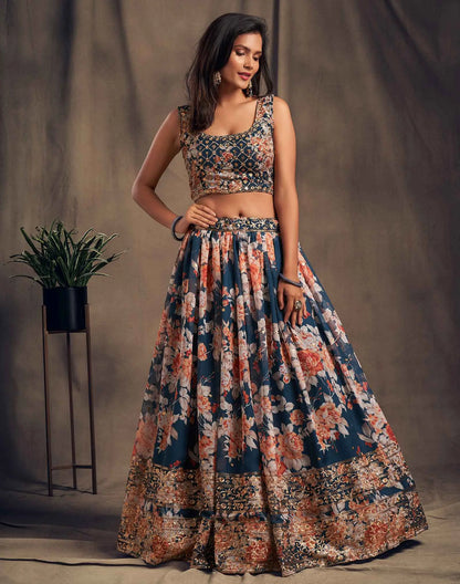 Teal Blue Floral Print Organza Lehenga With Sequins Work