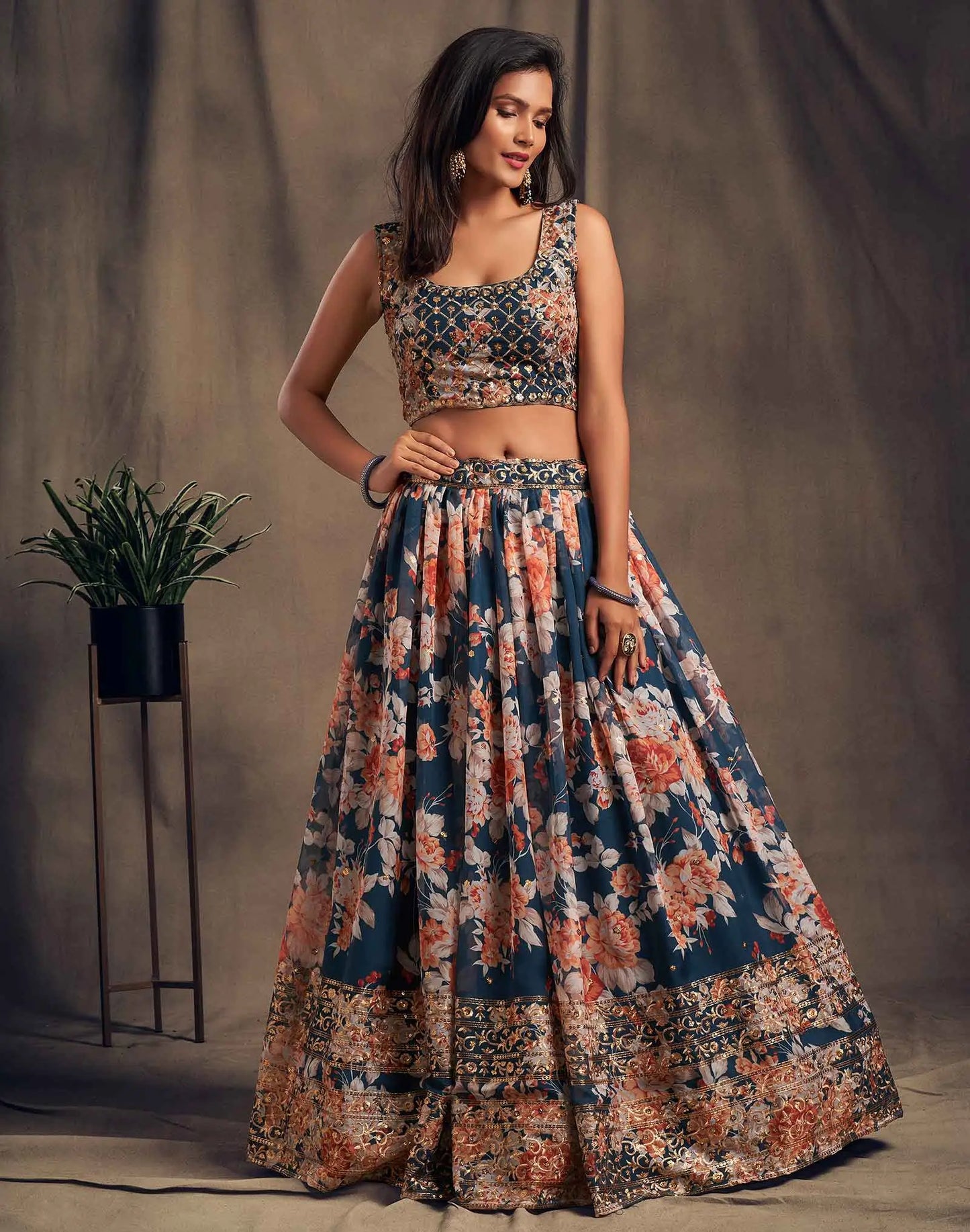 Teal Blue Floral Print Organza Lehenga With Sequins Work