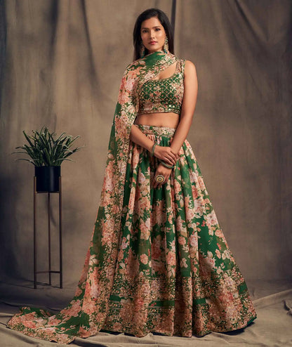 Green Floral Print Organza Lehenga With Sequins Work
