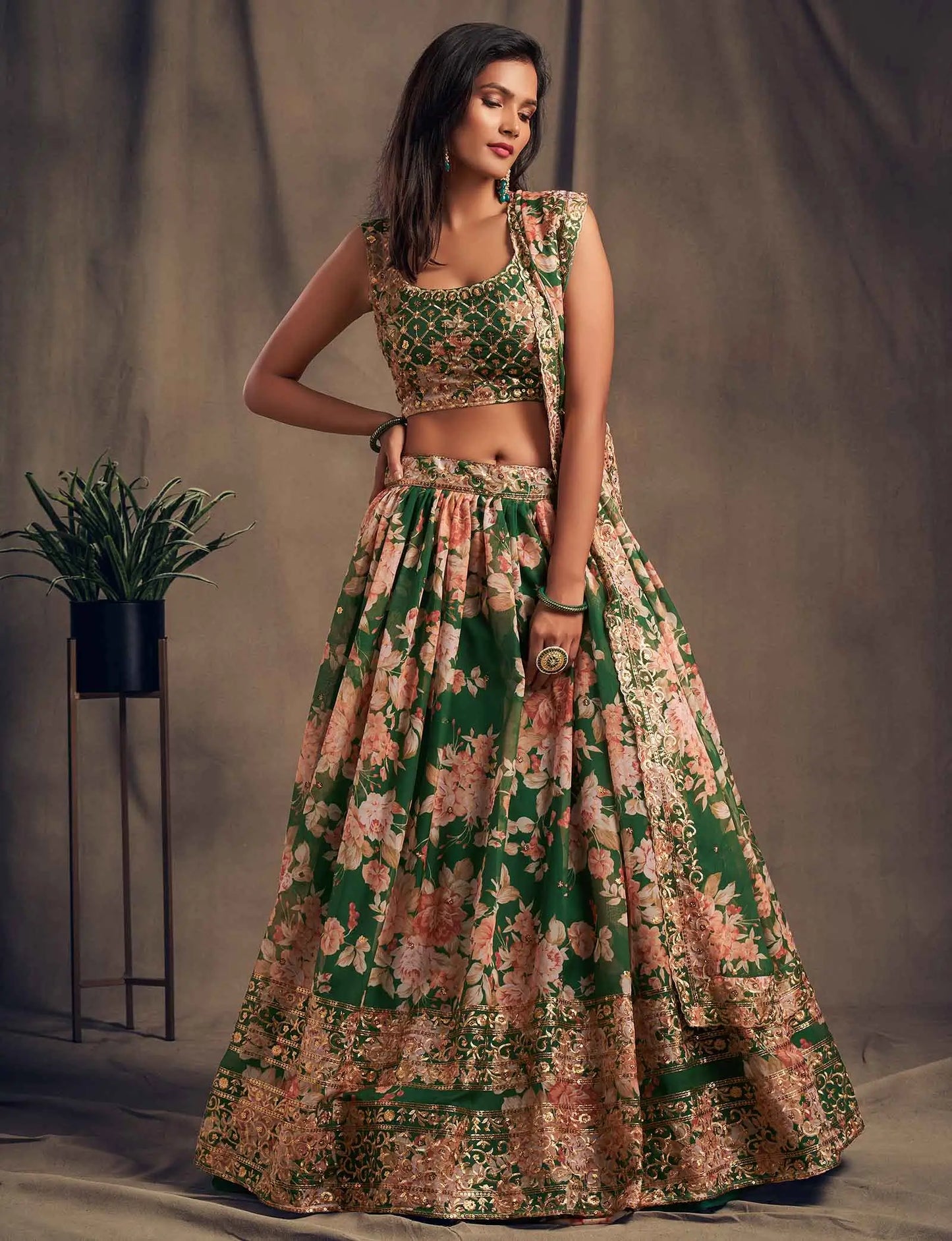 Green Floral Print Organza Lehenga With Sequins Work