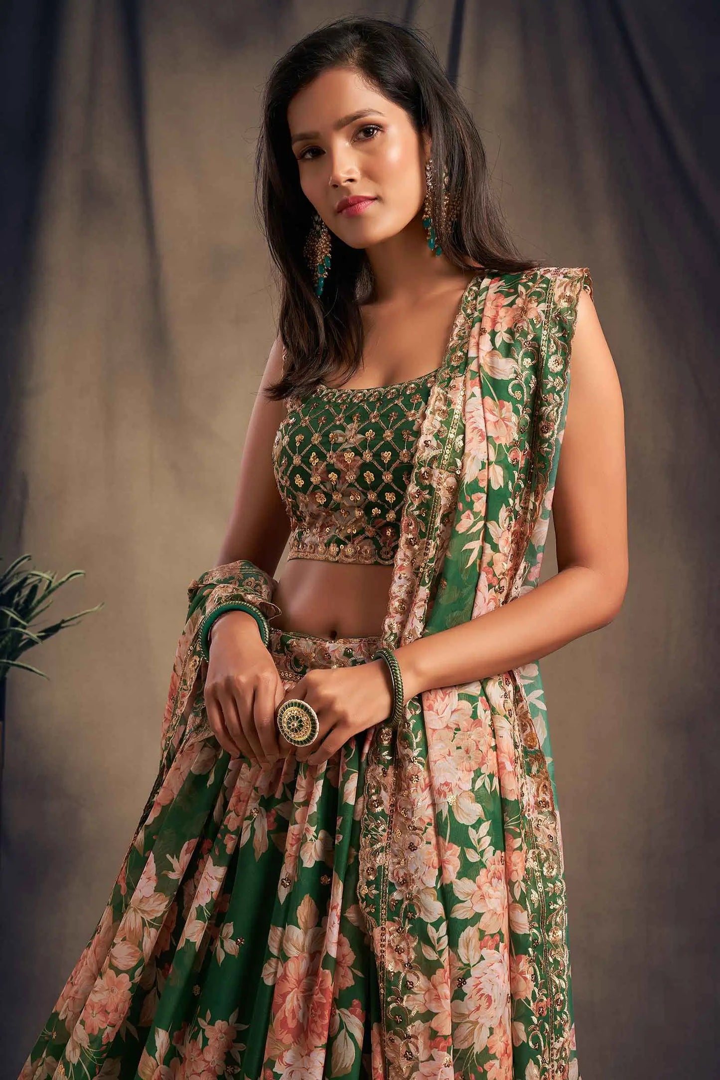 Green Floral Print Organza Lehenga With Sequins Work