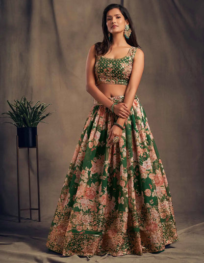Green Floral Print Organza Lehenga With Sequins Work