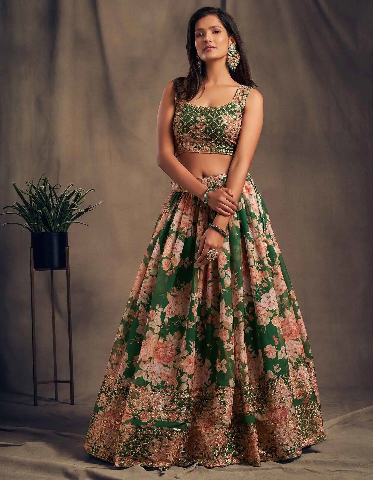 Green Floral Print Organza Lehenga With Sequins Work