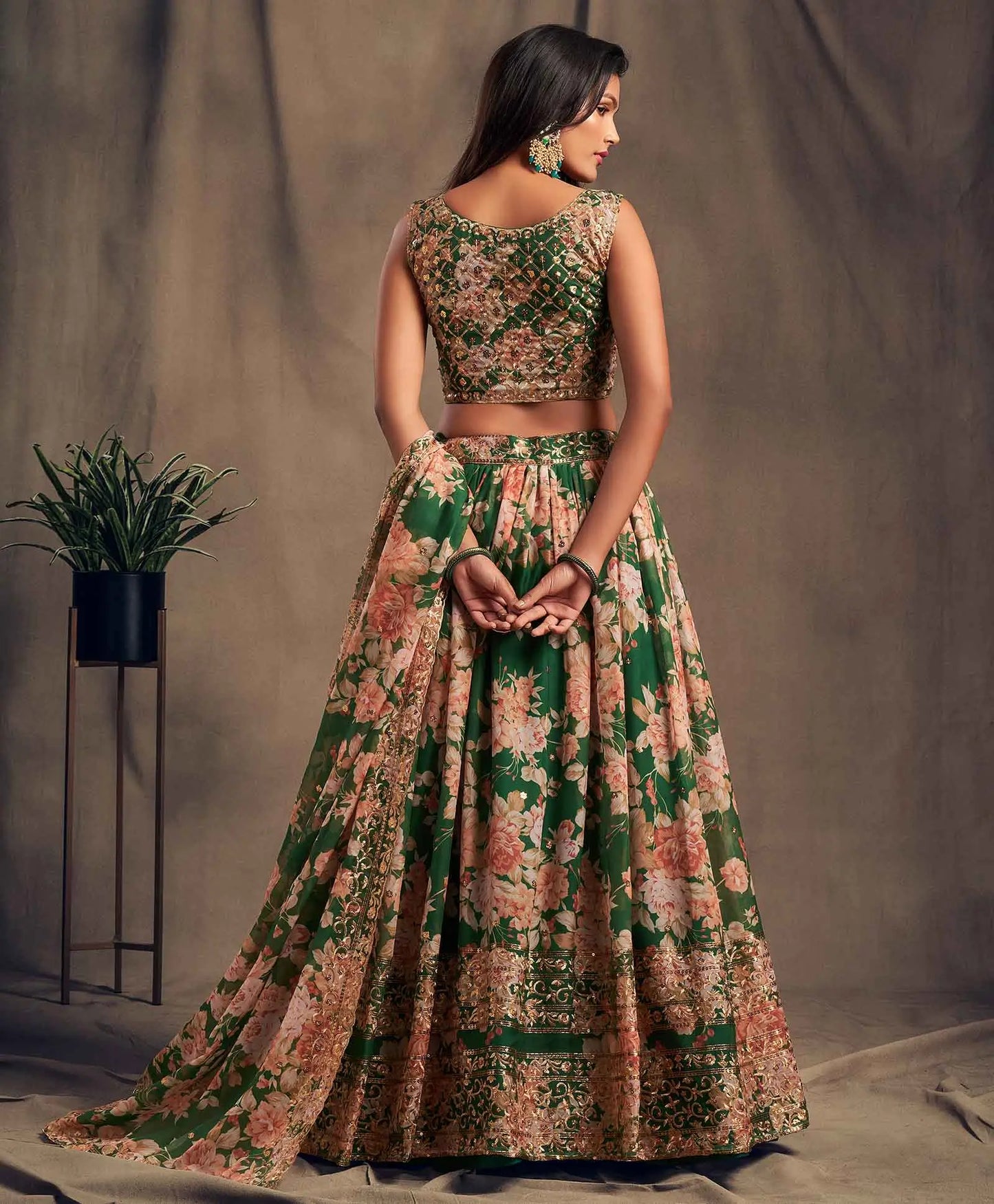 Green Floral Print Organza Lehenga With Sequins Work