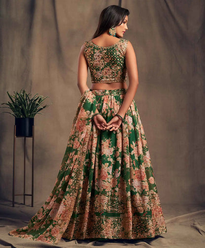 Green Floral Print Organza Lehenga With Sequins Work