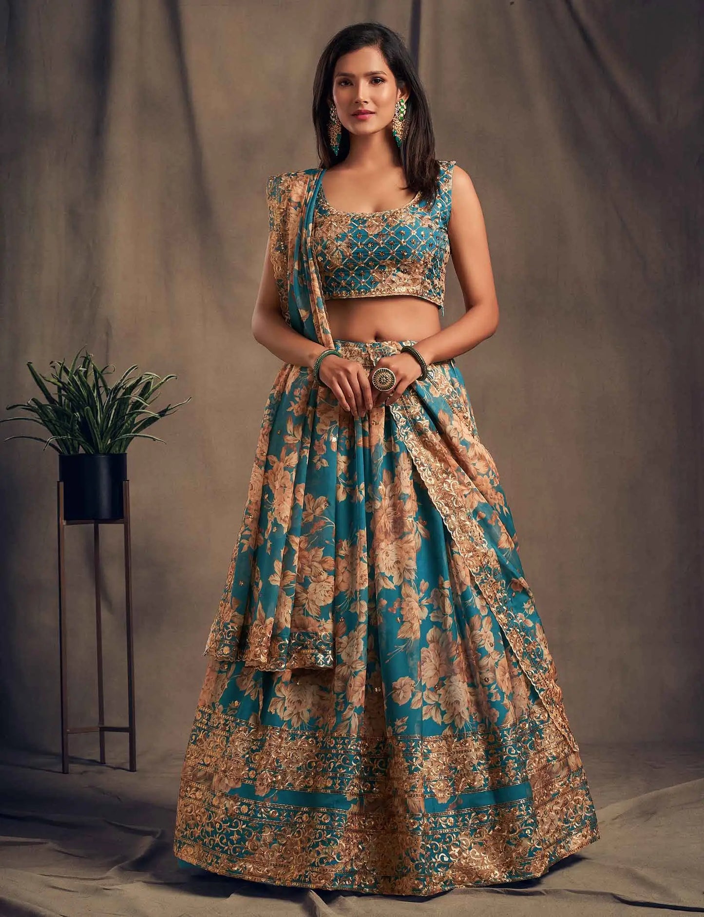 Dove Blue Floral Print Organza Lehenga With Sequins Work