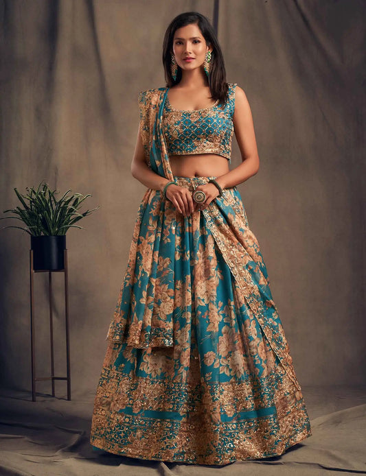 Dove Blue Floral Print Organza Lehenga With Sequins Work