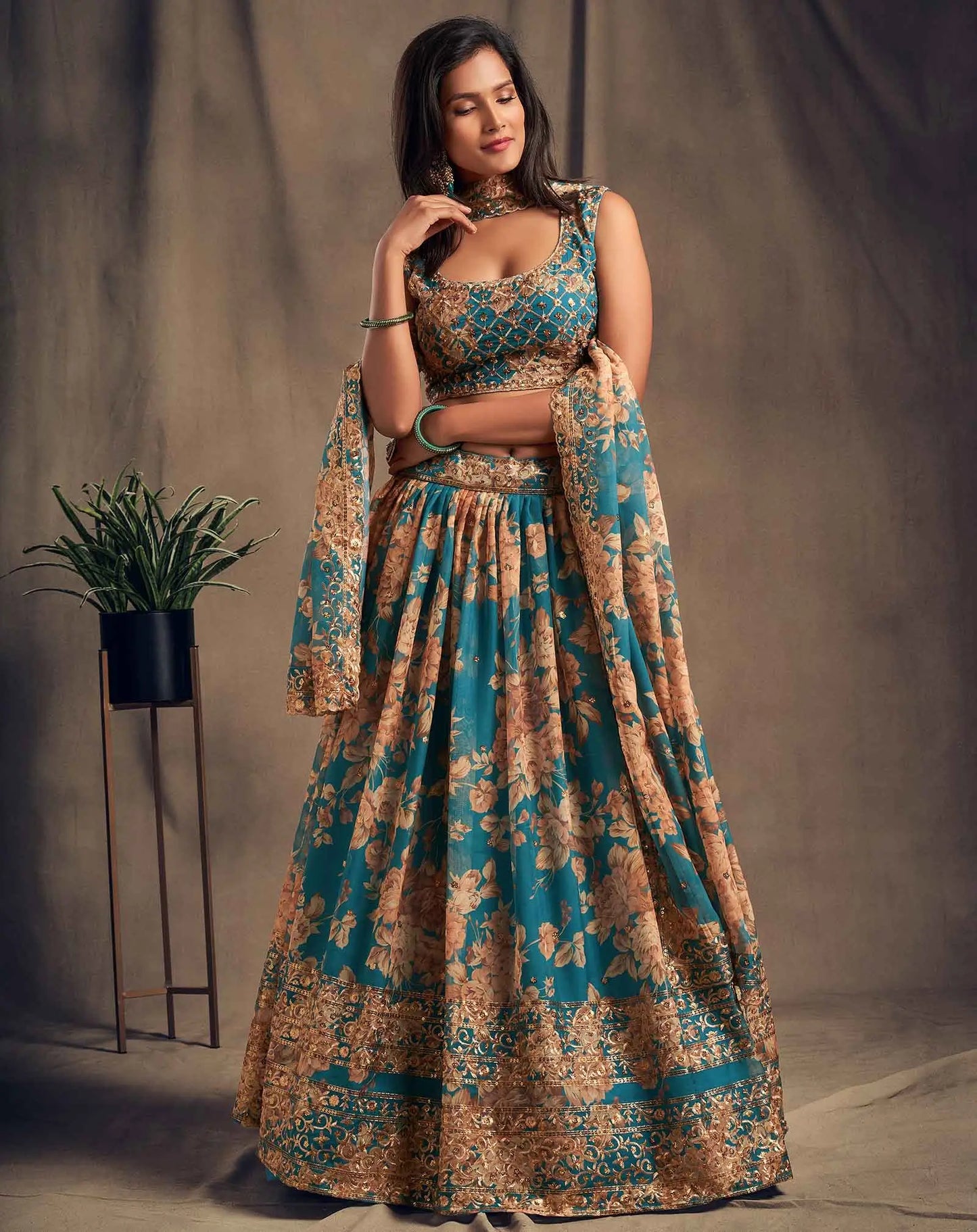 Dove Blue Floral Print Organza Lehenga With Sequins Work