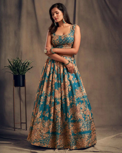Dove Blue Floral Print Organza Lehenga With Sequins Work