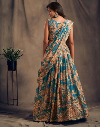 Dove Blue Floral Print Organza Lehenga With Sequins Work