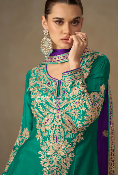 Pine Green Chinon Silk Embroidery Palazzo Suit