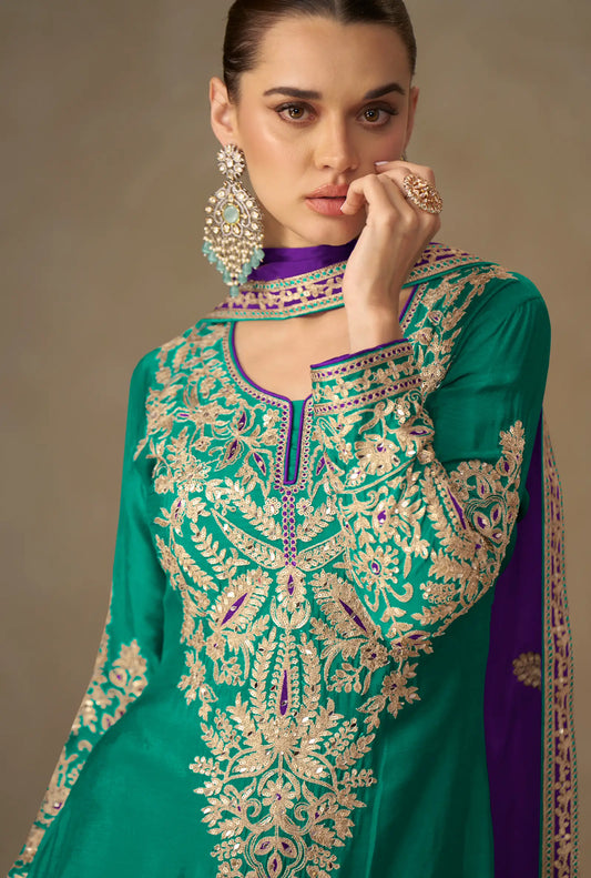 Pine Green Chinon Silk Embroidery Palazzo Suit