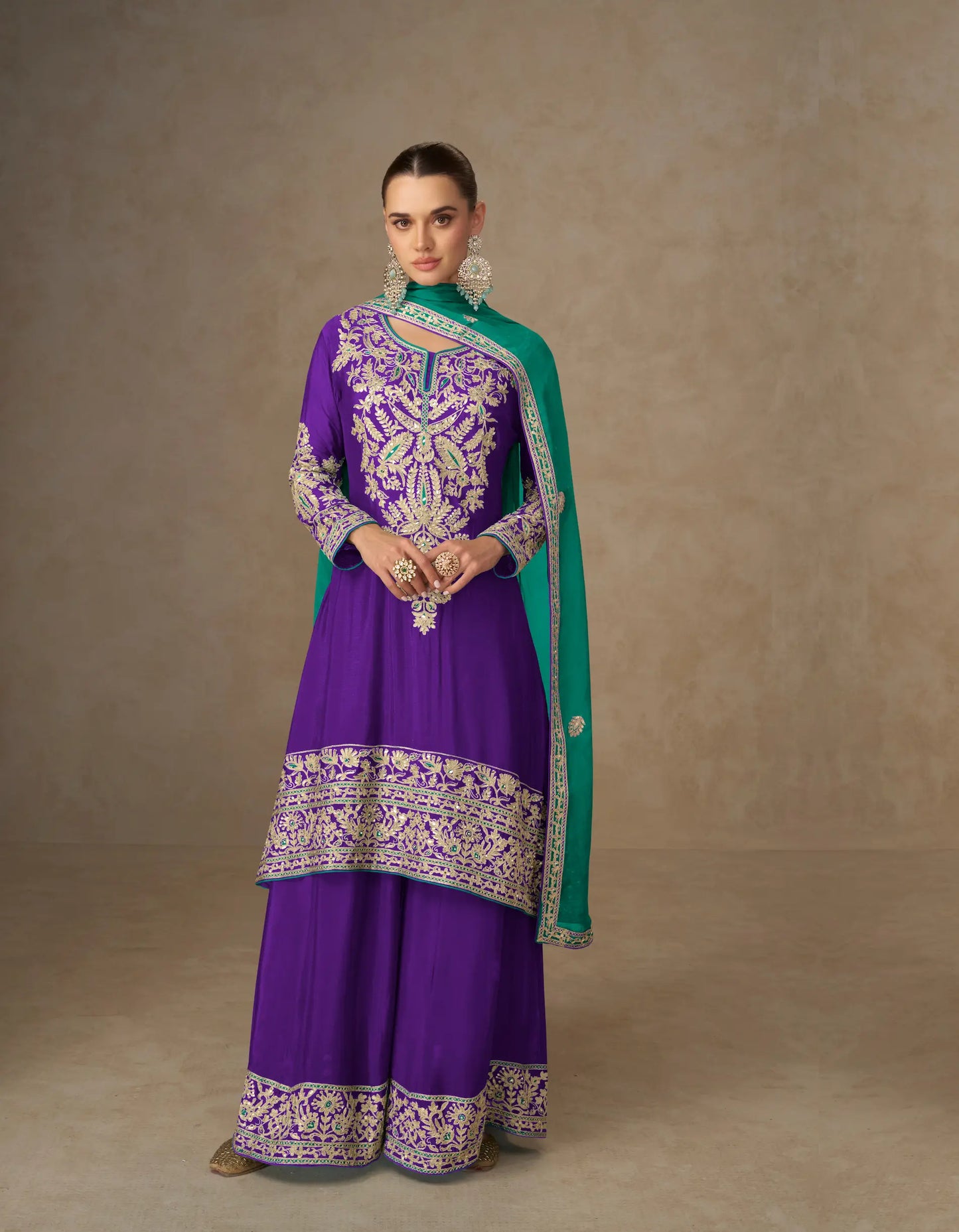 Iris Purple Chinon Silk Embroidery Palazzo Suit