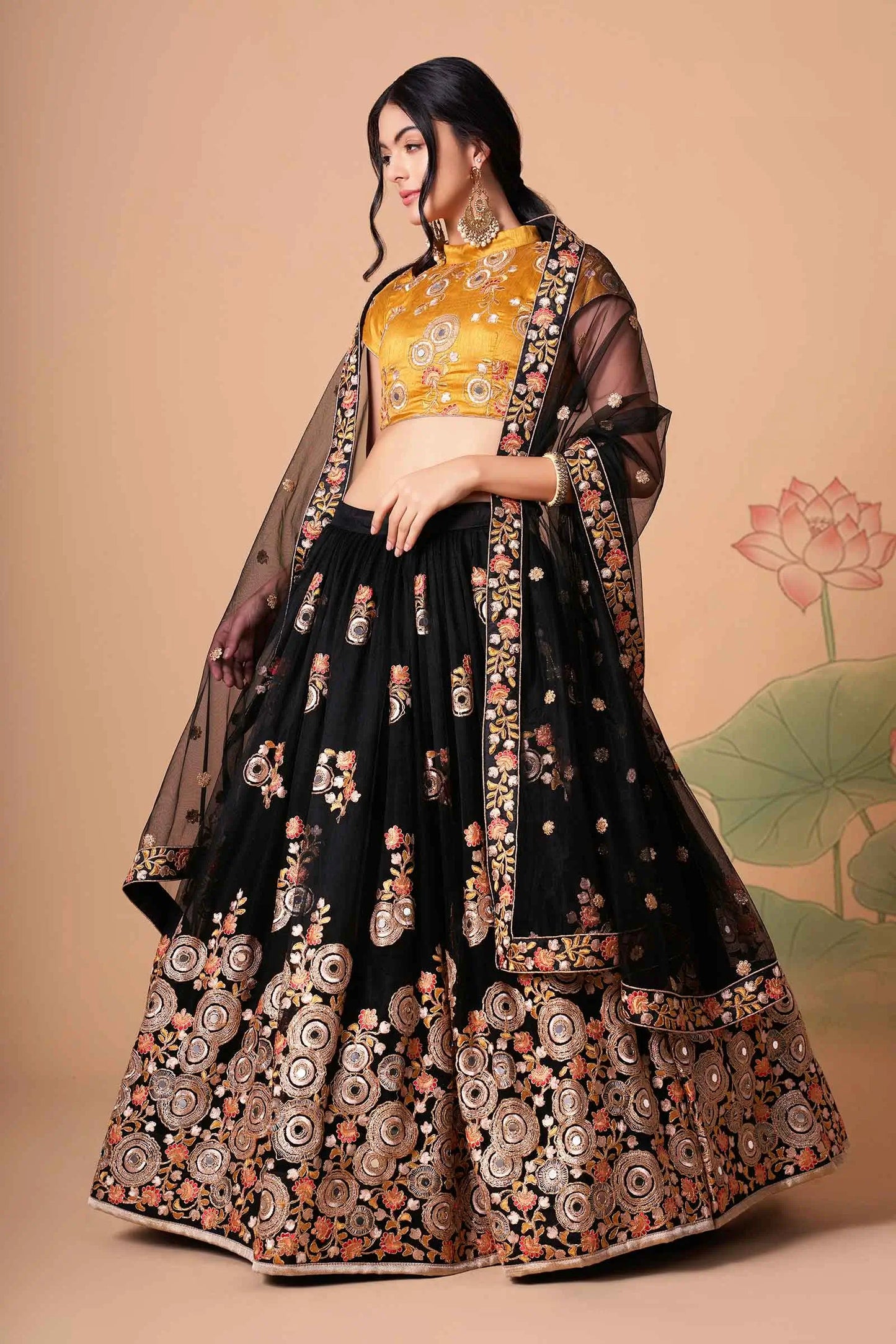 Black Soft Net Lehenga With Thread Zari Dori And Sequins Embroidery With Mirror Work