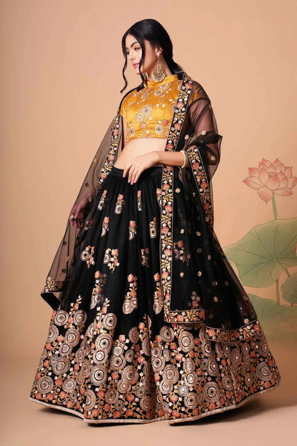 Black Soft Net Lehenga With Thread Zari Dori And Sequins Embroidery With Mirror Work