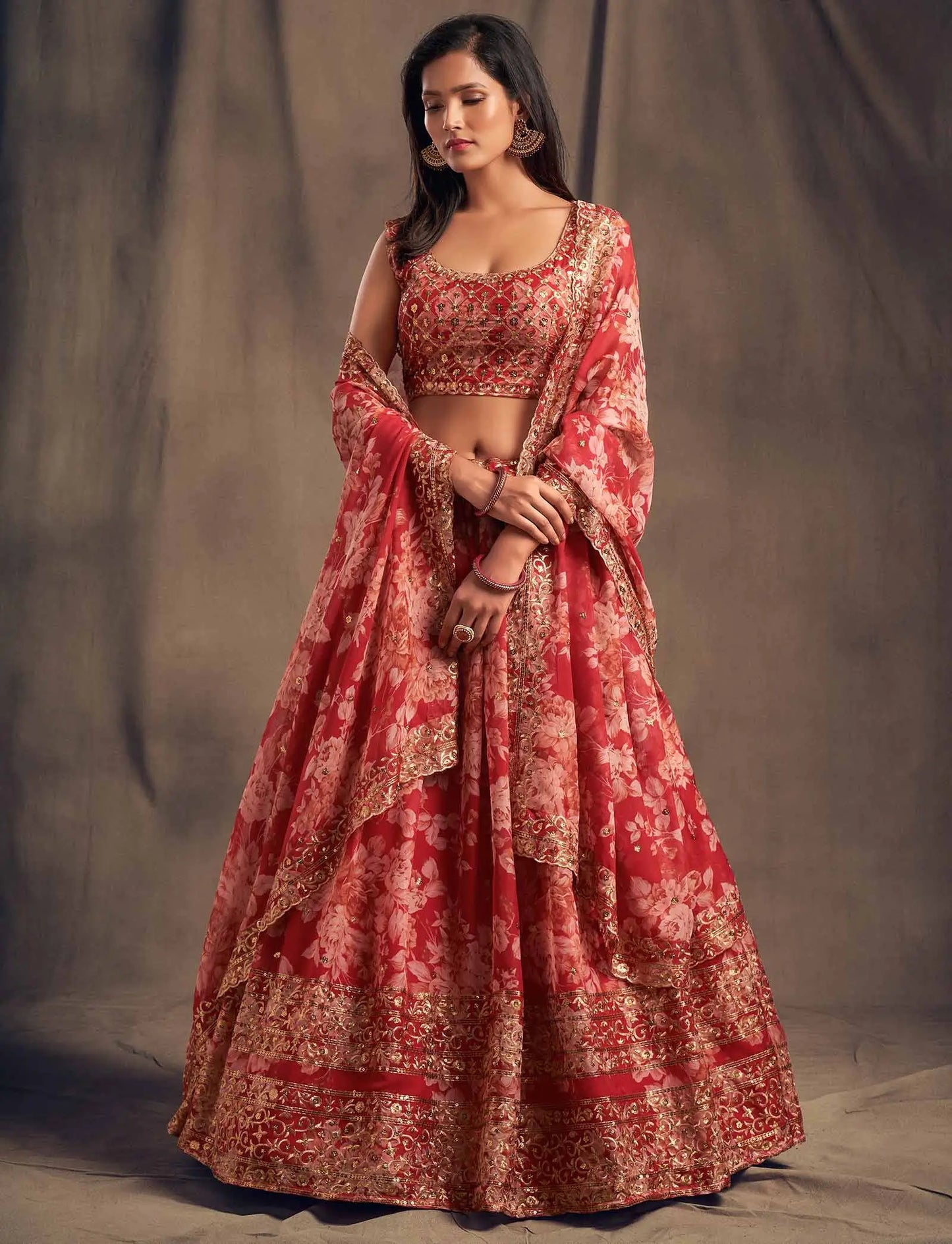 Red Floral Print Organza Lehenga With Sequins Work