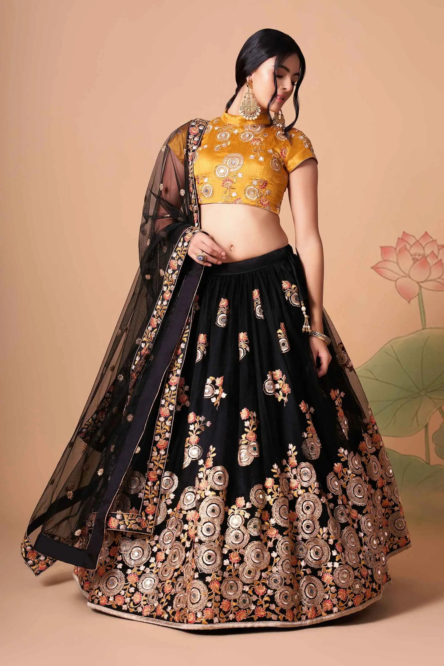 Black Soft Net Lehenga With Thread Zari Dori And Sequins Embroidery With Mirror Work