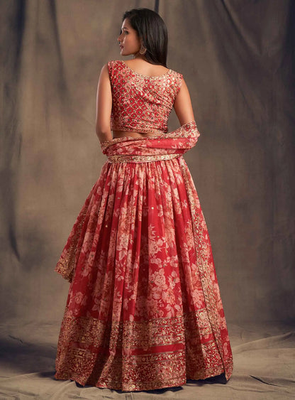 Red Floral Print Organza Lehenga With Sequins Work
