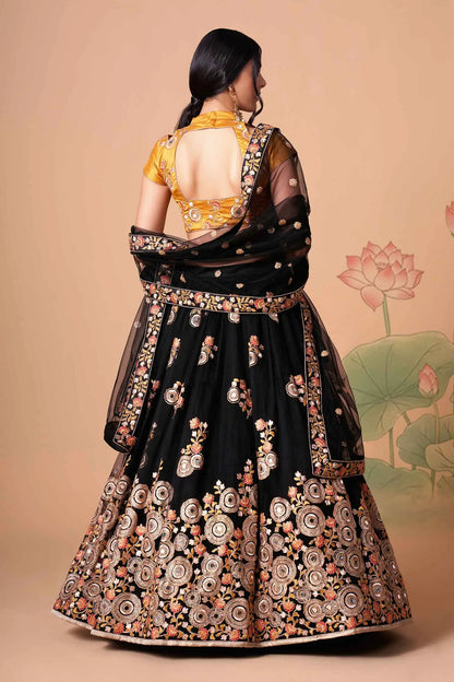 Black Soft Net Lehenga With Thread Zari Dori And Sequins Embroidery With Mirror Work
