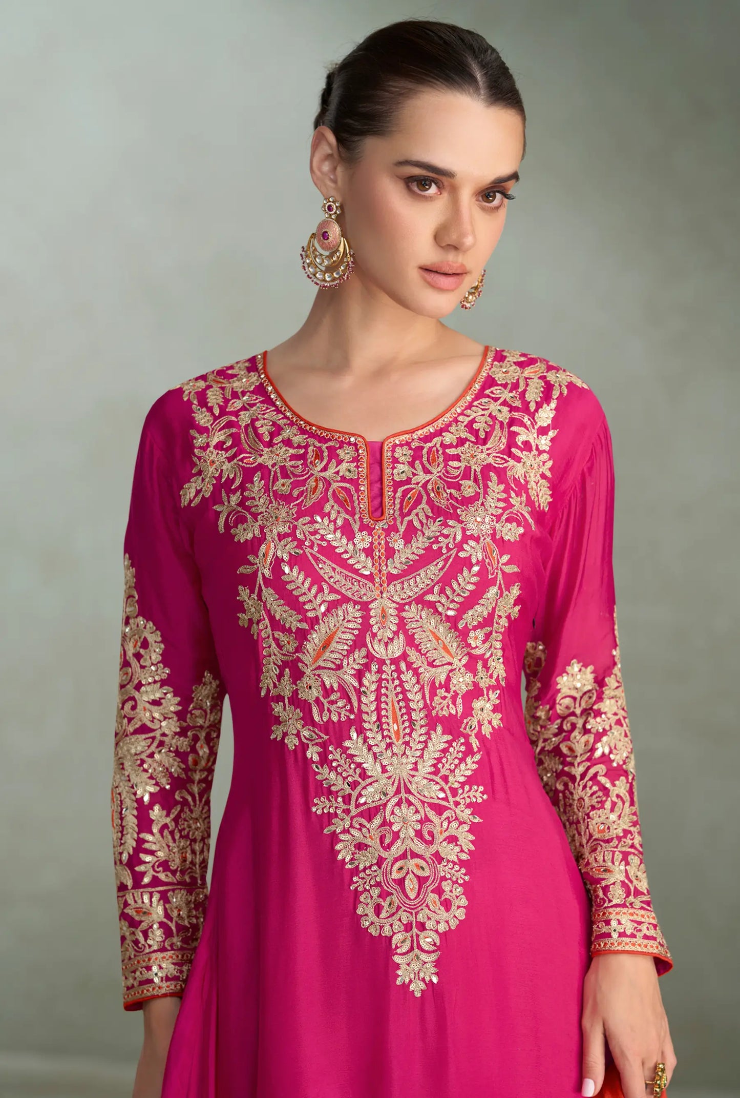 Hot Pink Chinon Silk Embroidery Palazzo Suit