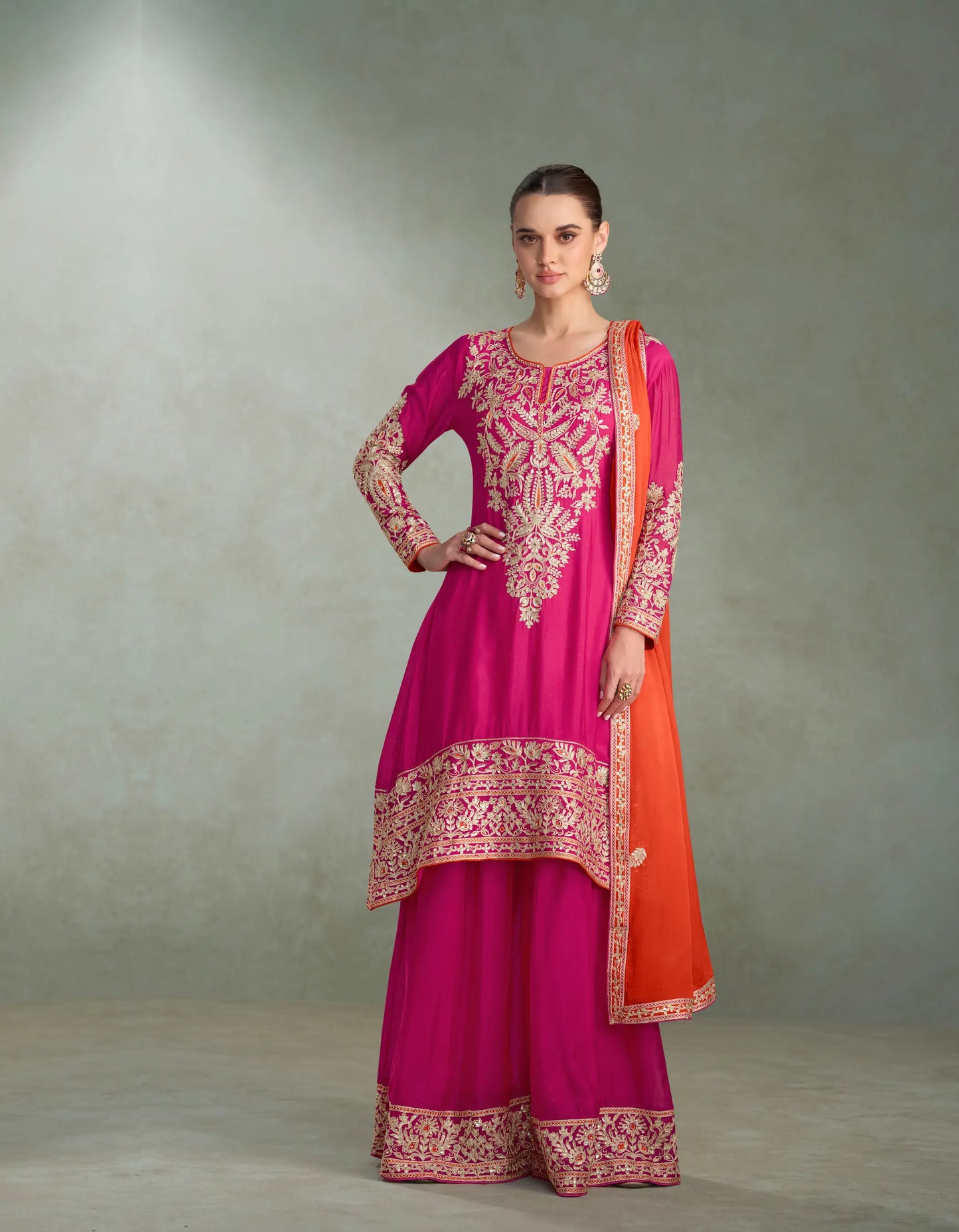 Hot Pink Chinon Silk Embroidery Palazzo Suit