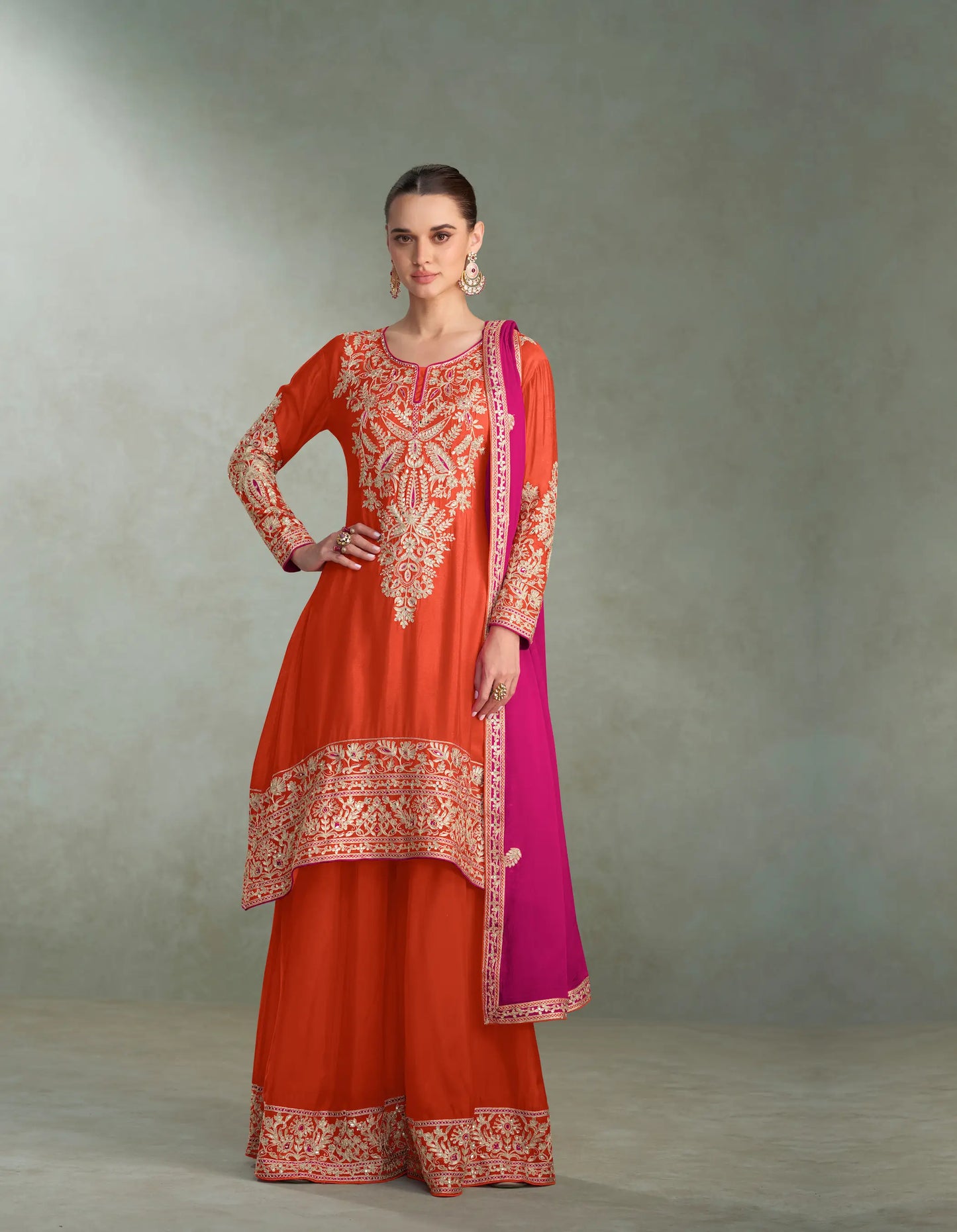 Vivid Orange Chinon Silk Embroidery Palazzo Suit