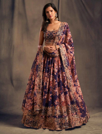 Purple Floral Print Organza Lehenga With Sequins Work