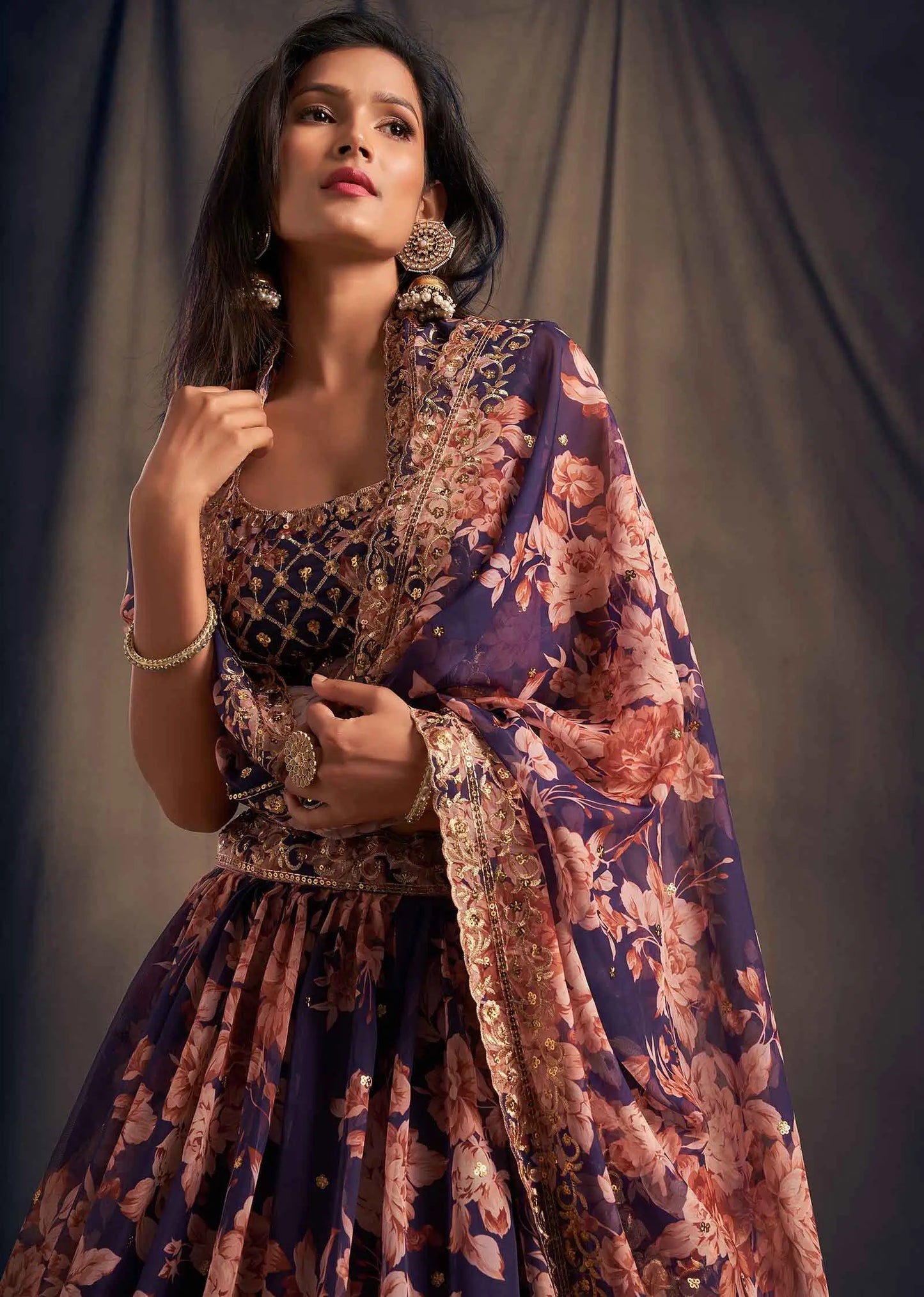 Purple Floral Print Organza Lehenga With Sequins Work