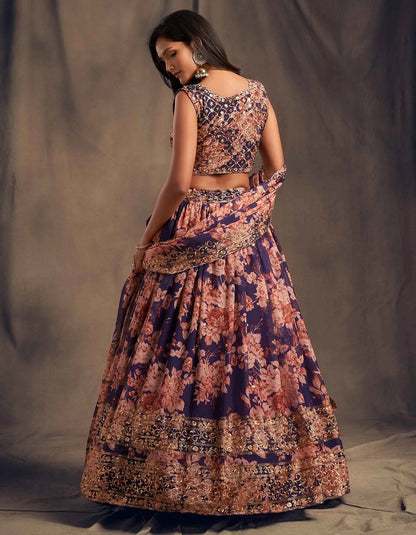 Purple Floral Print Organza Lehenga With Sequins Work