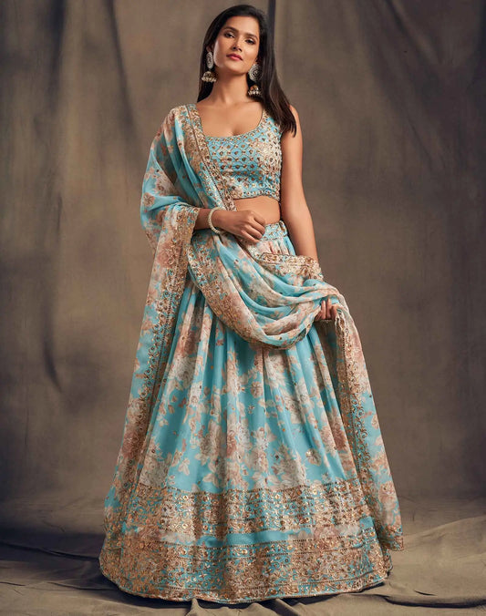 Sky Blue  Floral Print Organza Lehenga With Sequins Work