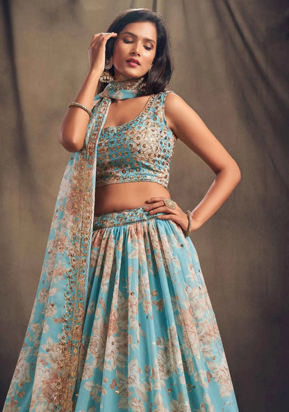 Sky Blue  Floral Print Organza Lehenga With Sequins Work