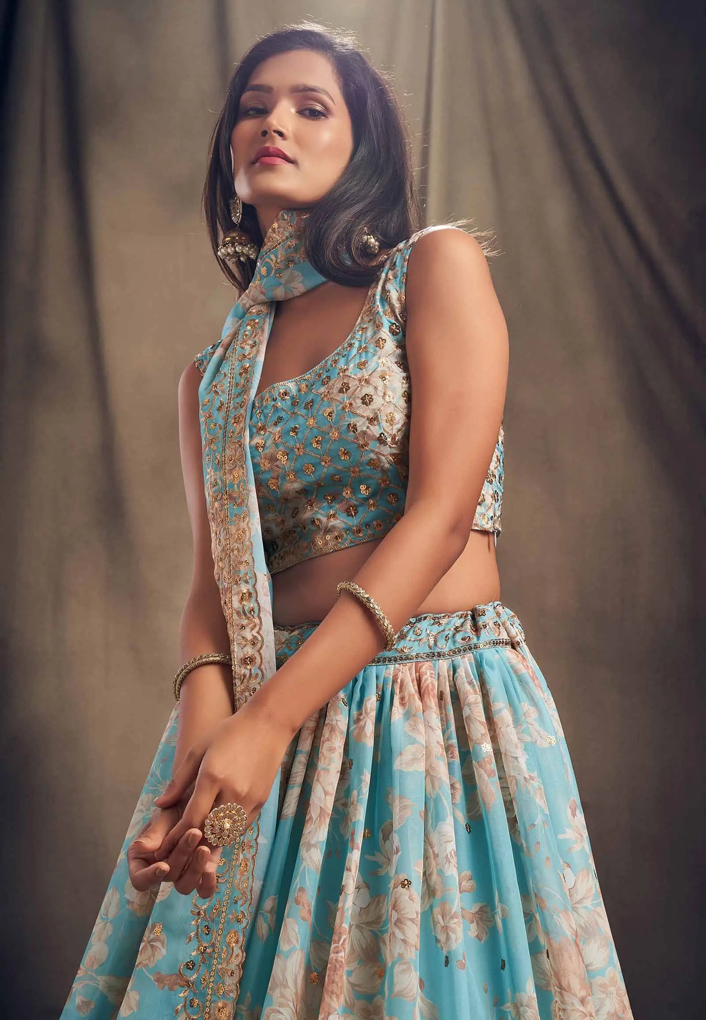 Sky Blue  Floral Print Organza Lehenga With Sequins Work